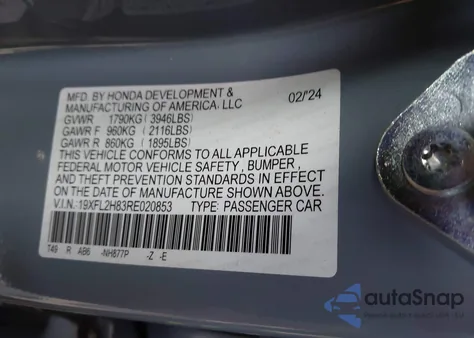 2024 Honda Civic Sport из США, поврежденный, VIN 19XFL2H83RE020853